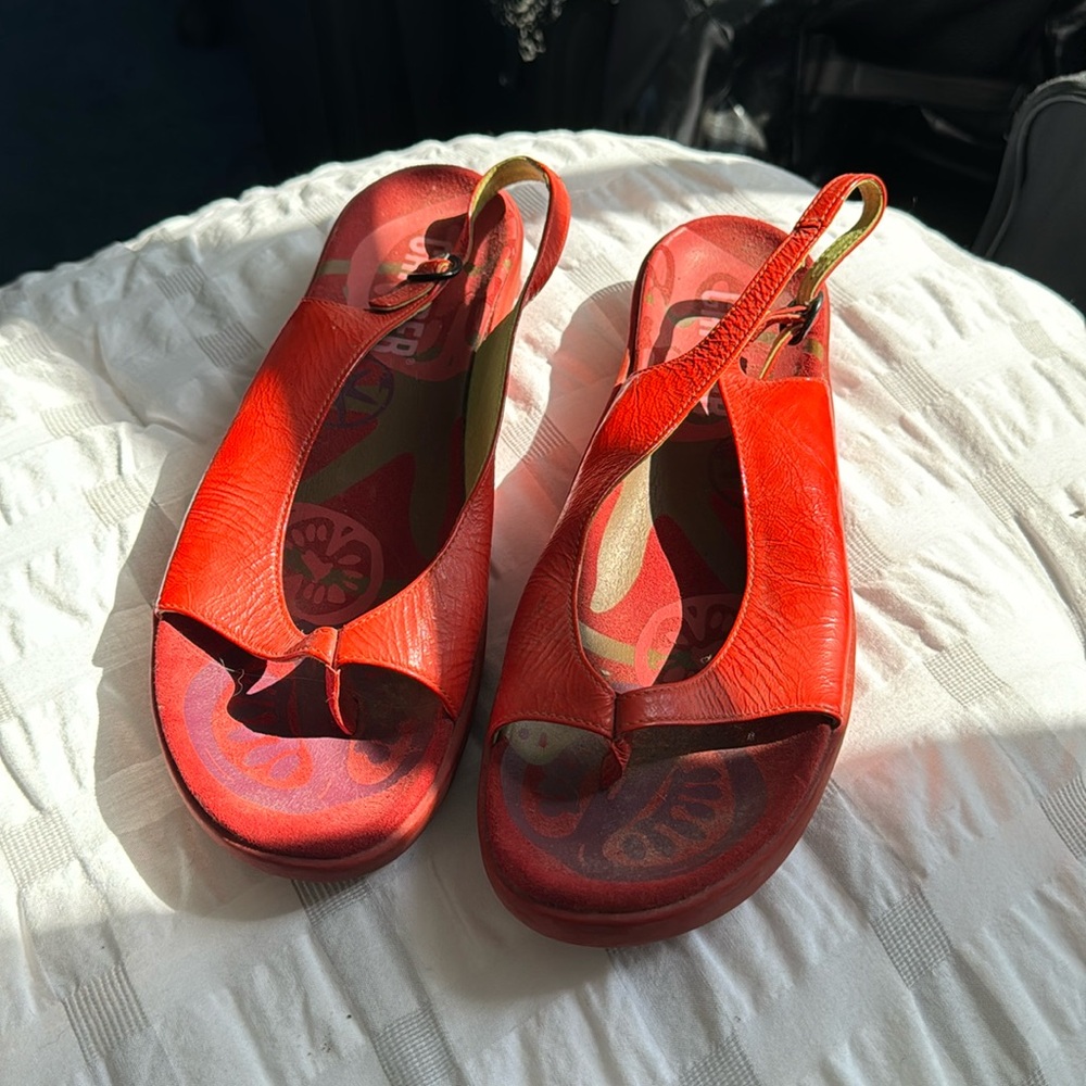 Camper bright, red sling back sandals